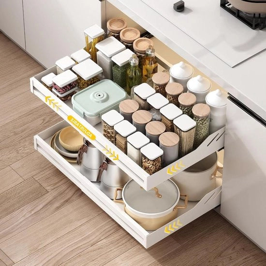 Organizzatore per cassetti da cucina con sistema di estrazione, cassetto telescopico, organizzatore per cassetti da cucina con sistema di estrazione.