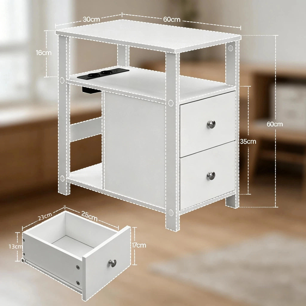 Tavolino basso con prese, 2 cassetti e 2 ripiani aperti, per soggiorno e camera, in legno, bianco, 60 × 60 × 30 cm