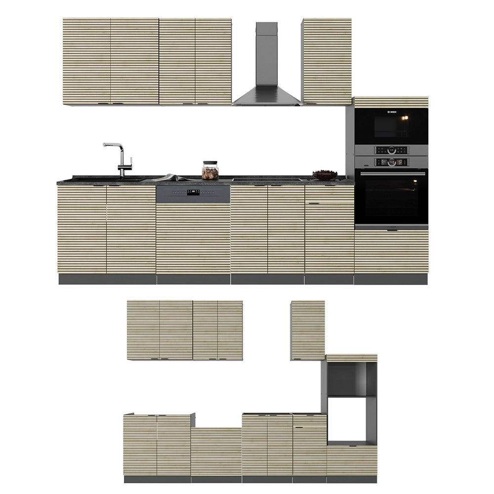 Cucina componibile Fame-Line Pannello in quercia/Antracite 300 cm con armadio alto, PL Marmo Vicco
