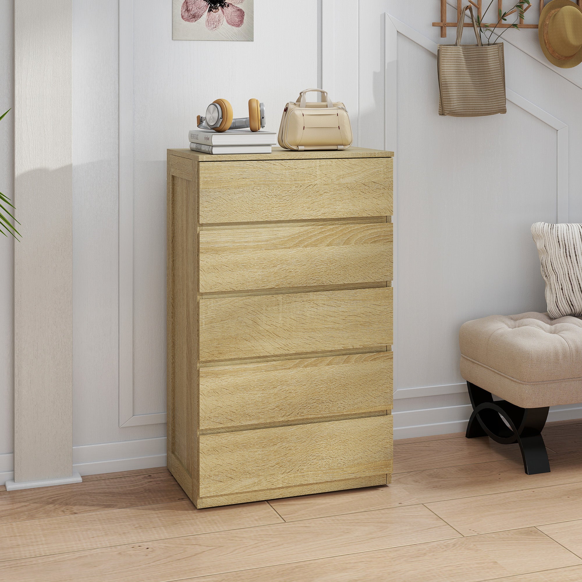 Cassettiera 5 Cassetti 60x39x100 cm in Legno con Guide in Metallo e Maniglie Scanalate color Faggio