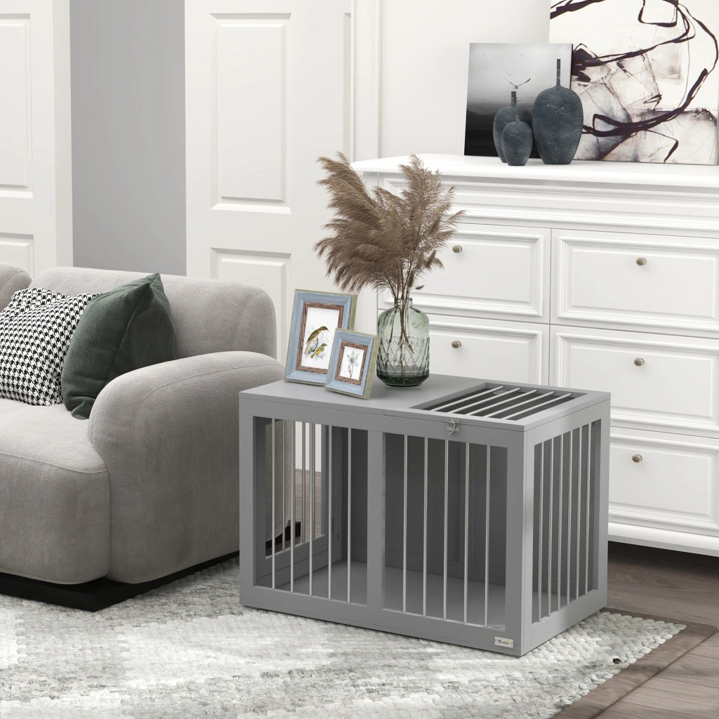 Cuccia per cani chiudibile con due porte, fondo rialzato, in MDF e acciaio, grigio, 80 × 50 × 56,5 cm