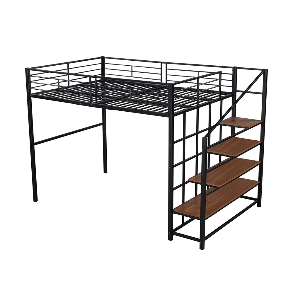 Letto a soppalco 140x200 cm - Xylo - Robusto in metallo con scala e spazio di archiviazione, Nero