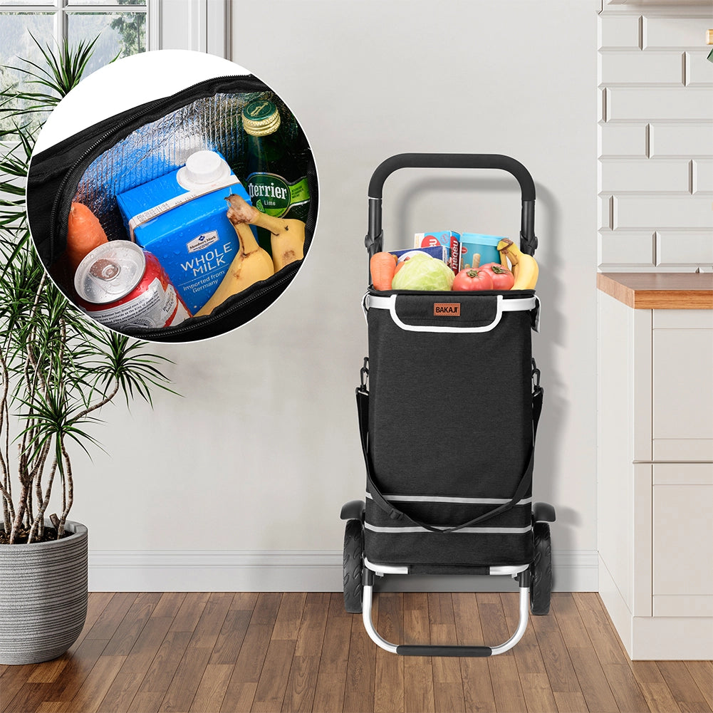 Carrello Spesa Pieghevole 50LT con Borsa Termica Trolley Porta Spesa 2 Ruote Nero