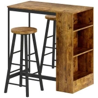 Set da Pranzo con Bancone Bar con 3 Ripiani e 2 Sgabelli Alti con Poggiapiedi Stile Industriale, Marrone