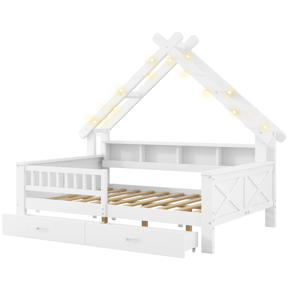 Letto a casetta 140x200 cm con LED; ripiani; 2 cassetti e sponda; bianco