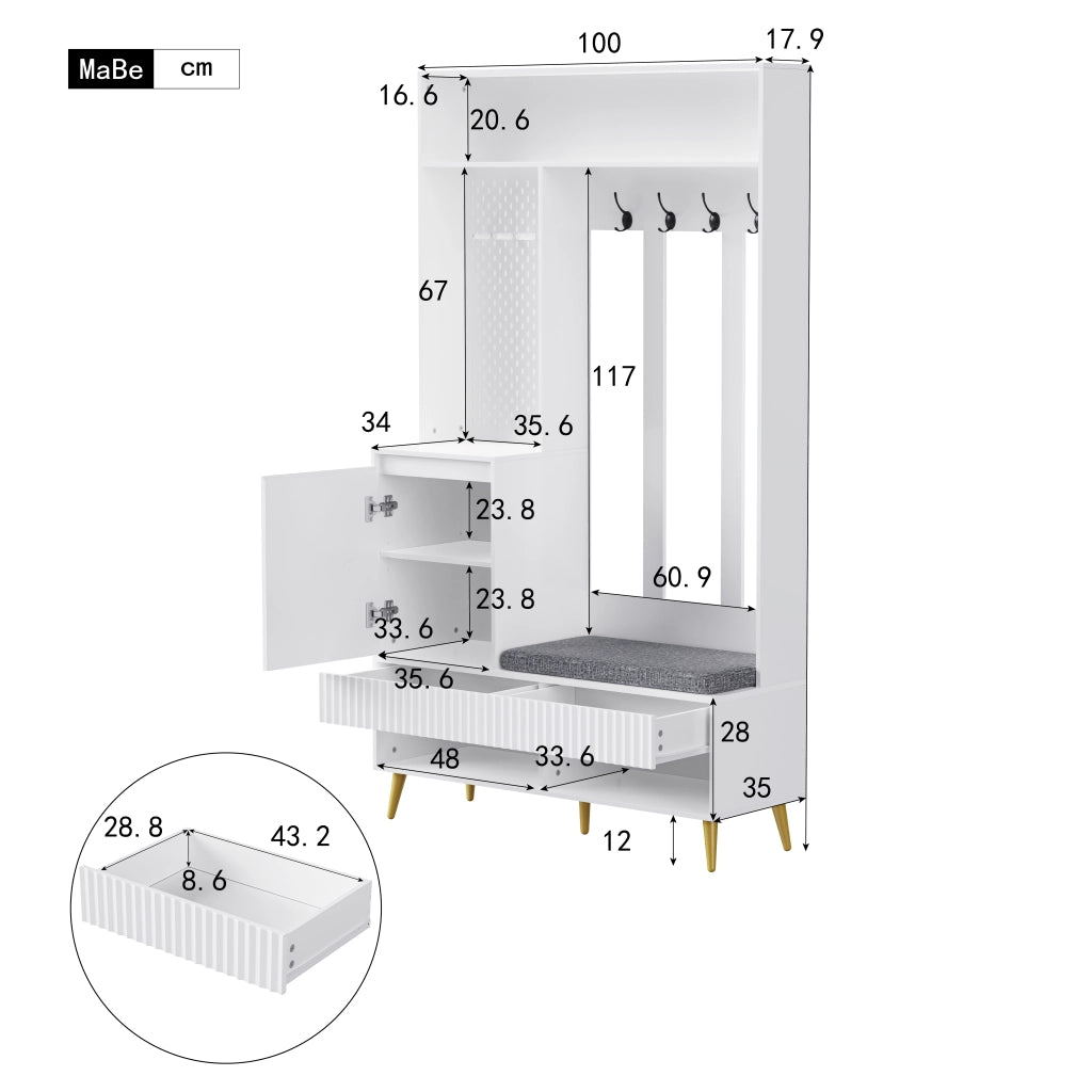 OKWISH Mobile da Ingresso con 1 Anta, 2 Cassetti, Vani Aperti, 4 Ganci e Panchina, per Ingresso, MDF, Bianco, 100×35×180 cm