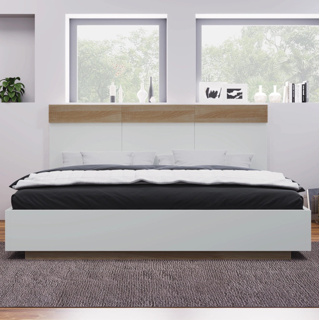 Letto matrimoniale flottante 140x200 cm in legno; bianco e effetto rovere Sonoma