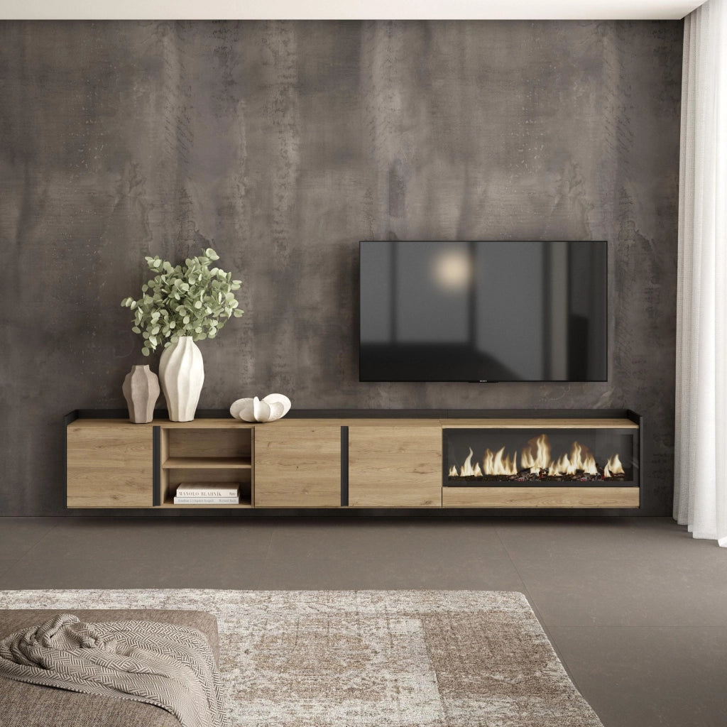 Mobile TV Soggiorno, 315x50x35 cm, Per TV fino a 80", Camino elettrico XXL, Sospeso, da appendere, Rovere e nero