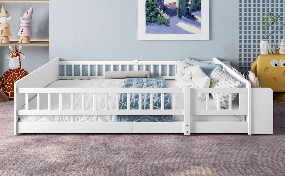 DESMIU Letto Bambino 140 × 190 cm 2 Posti con Vani Aperti, Ripiani e Sponda Apribile, Senza Materasso