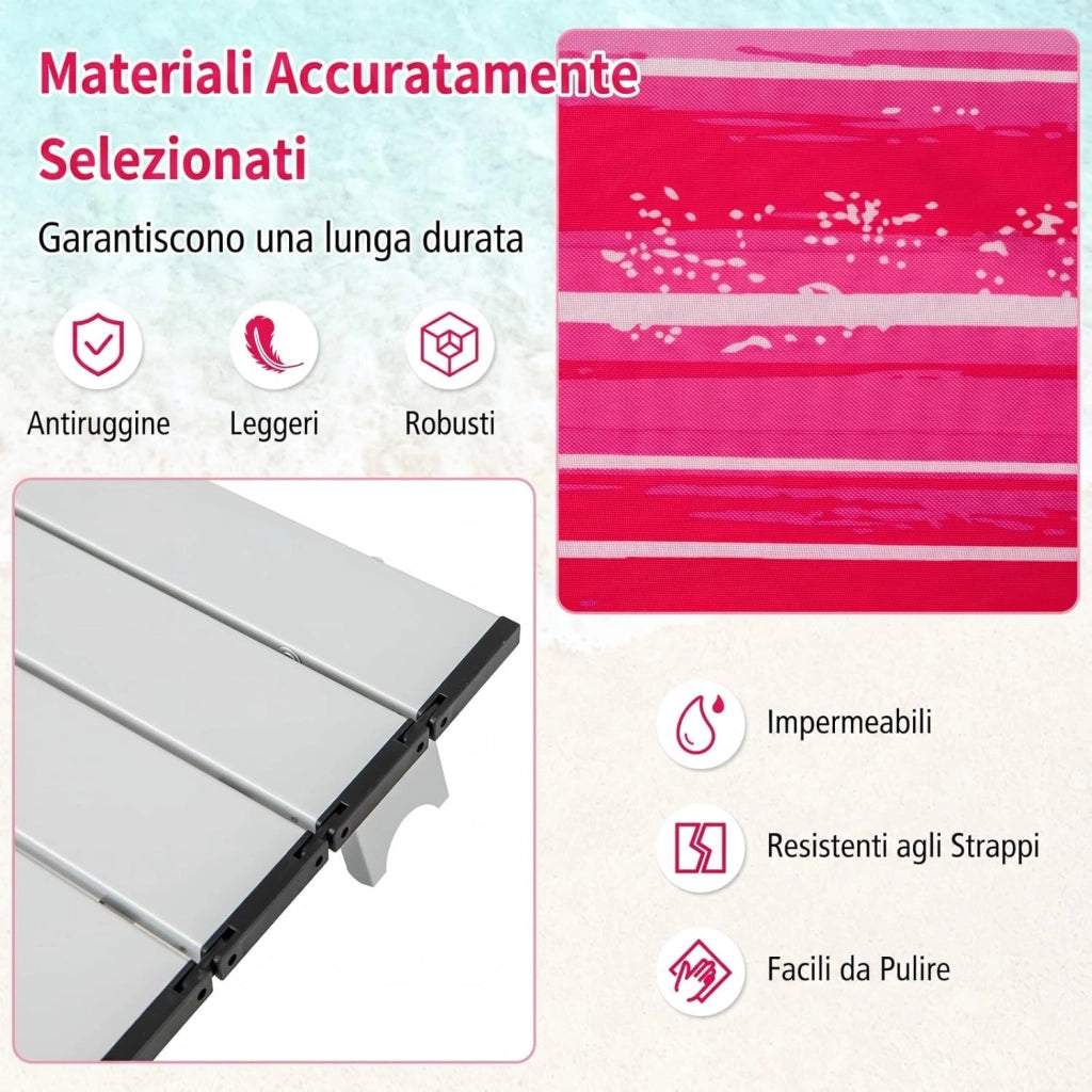 Set di 2 Sedie e Tavolino da Spiaggia Pieghevole, Schienale Regolabile a 5 Livelli, con Portatesta, Borsa Portaoggetti, Borsa Termica, per Campeggio Picnic Esterno (Rosa Scuro, Modello 2)