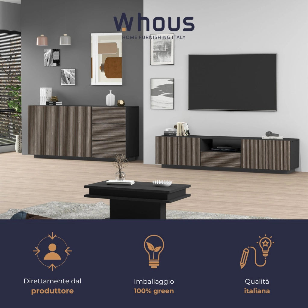 WHOUS Credenza Coste a 2 ante e 3 cassetti antracite opaco e legno scuro 180x43x86 cm