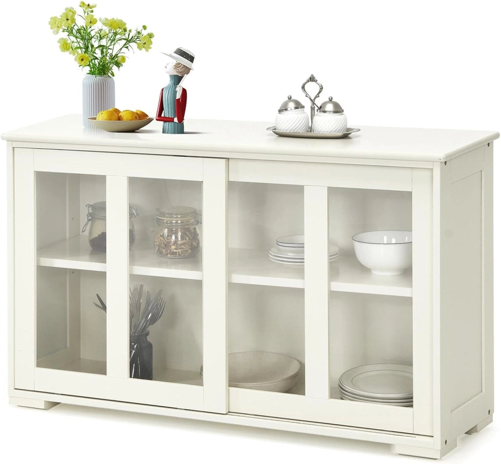 Mobile Buffet Dispensa Cucina con Ante Scorrevoli in Vetro Temperato e Ripiano Regolabile, Credenza Cucina, Armadietto a Buffet per Sala da Pranzo, Soggiorno, 107x33x64 cm (Bianco Puro)