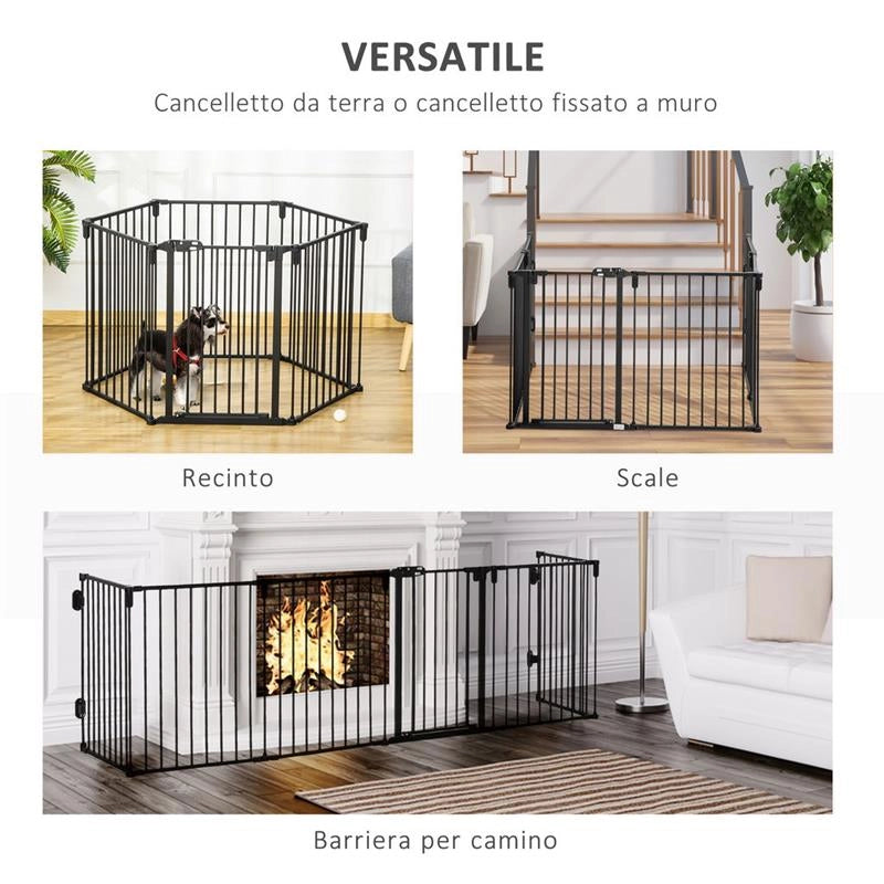CANCELLETTO DI SICUREZZA PIEGHEVOLE 6 SEZIONI, CANCELLINO BARRIERA PER CANI IN ACCIAIO - NERO