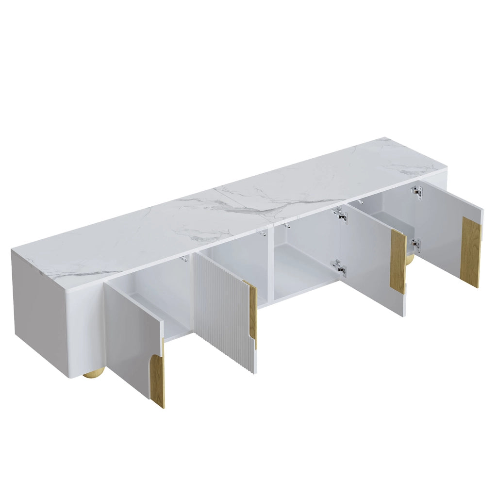 Mobile TV con 4 Ante; Superficie Effetto Marmo; per Soggiorno; in MDF e Pannelli di Particelle; 180×40×44 cm; Bianco e Legno