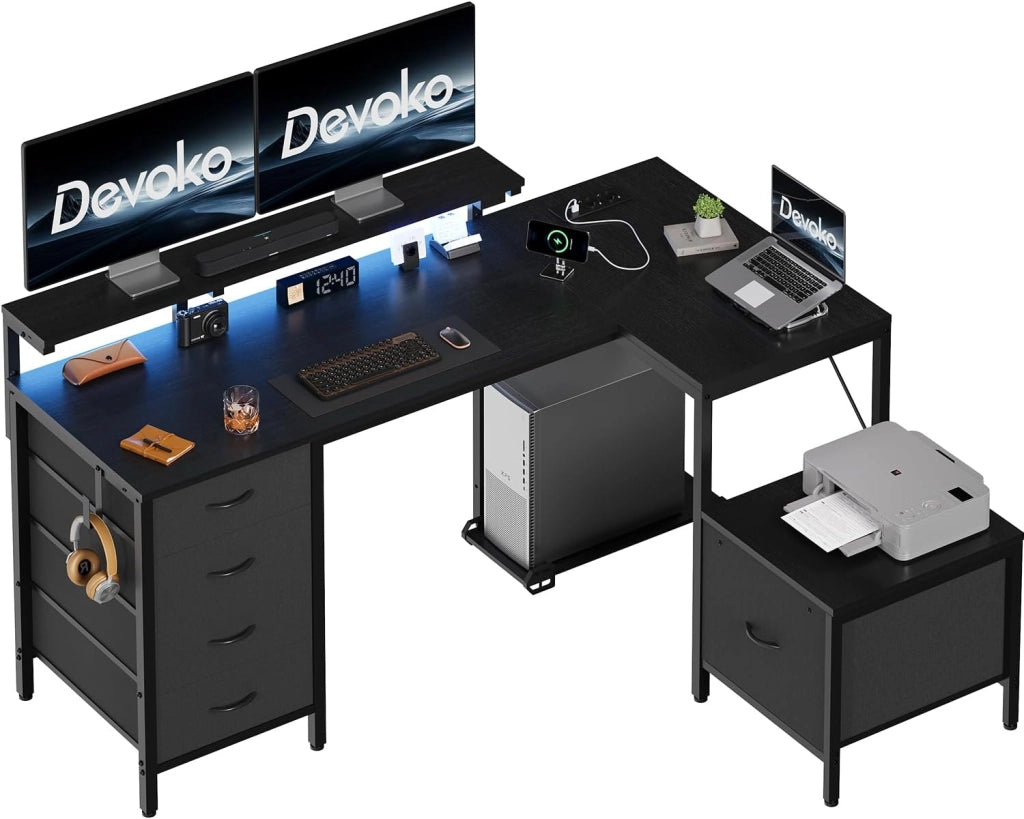 Scrivania Gaming Angolare Con Led E Prese,160 x 120 cm Tavolo Gaming Con 3 Cassetti In Tessuto, Scrivania Angolare Con Supporto Per Monitor Per Casa Ufficio, Nero