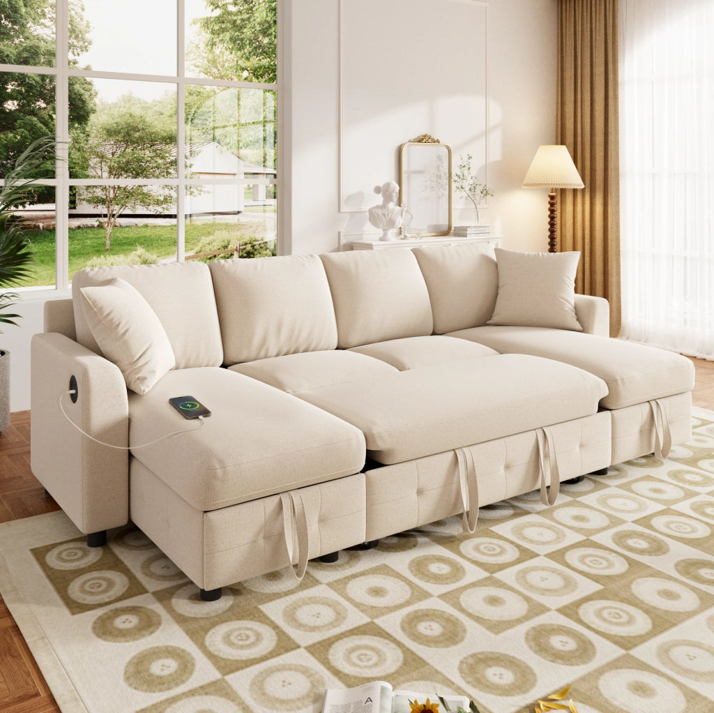 Divano letto angolare a U in chenille beige con contenitore, USB e Type-C