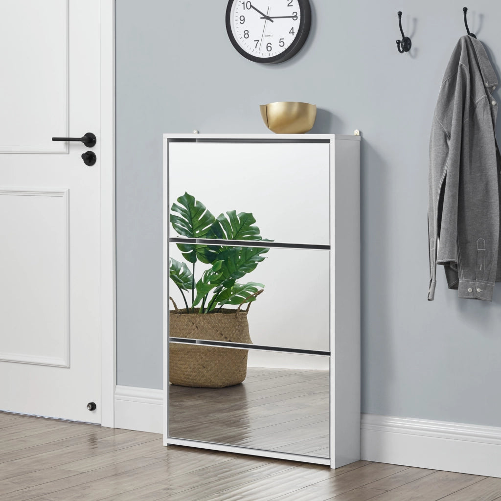 Scarpiera Vogar con 3 Contenitori Ribaltabili Mobile Portascarpe con Ante a Specchio 103x63x17 cm Bianco [en.casa]
