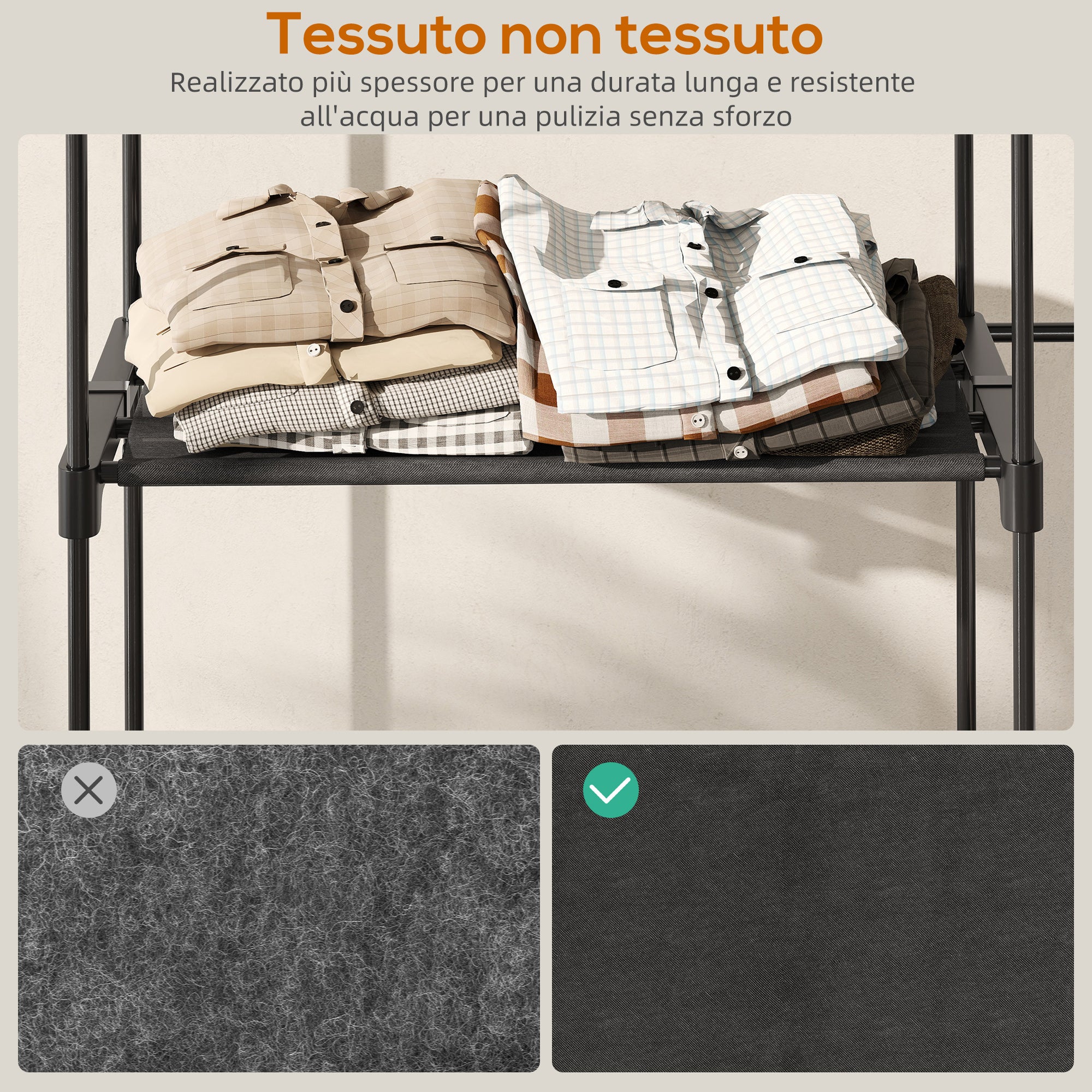 Armadio Guardaroba con 2 Aste e 4 Ripiani 142x43x185 cm in Tessuto Plastica e Acciaio Nero