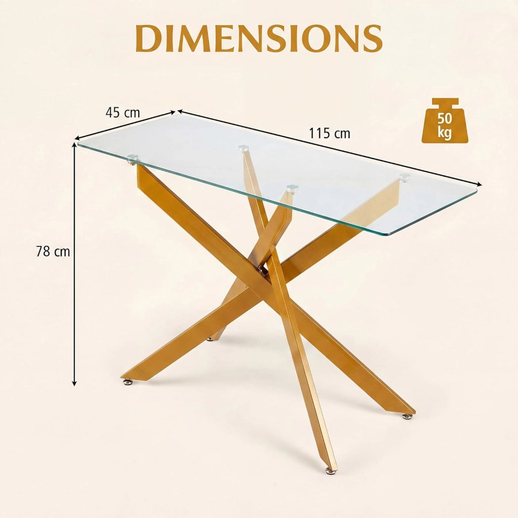 Tavolo Consolle in Vetro Temperato 115 x 45 x 78 cm, Consolle Ingresso Telaio Robusto con Gambe in Metallo Incrociate e Piedini Regolabili, Salvaspazio, per Soggiorno e Corridoio
