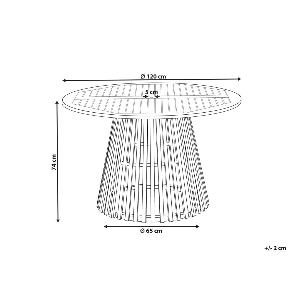 Tavolo da pranzo da giardino in legno chiaro di acacia piano rotondo 120 cm design a doghe per interni esterni