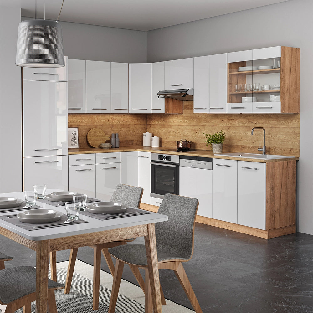 Vicco Cucina angolare completa Bianco lucido/oro power oak 227 x 60 cm senza piano di lavoro