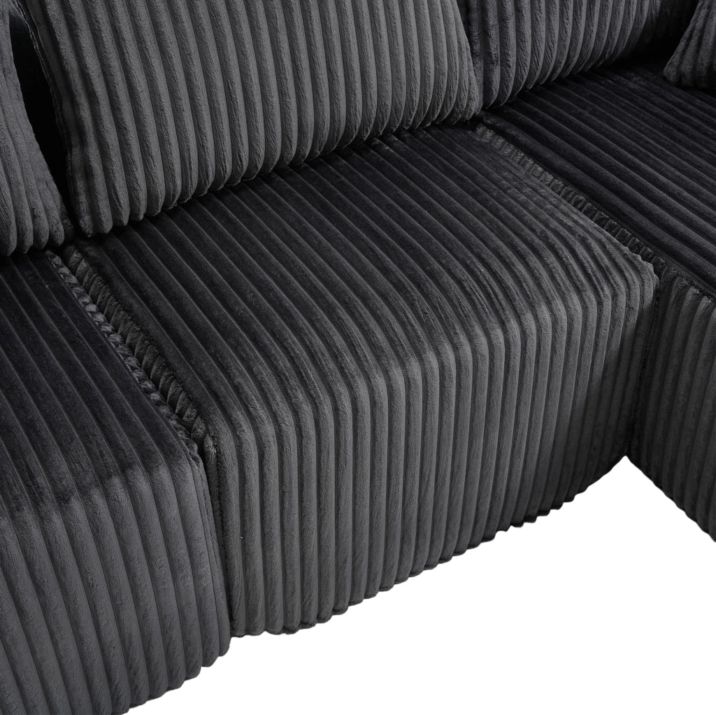 Divano modulare 257x160x62 cm con chaise longue; tasche laterali; portabicchieri e 5 cuscini; in corduroy grigio