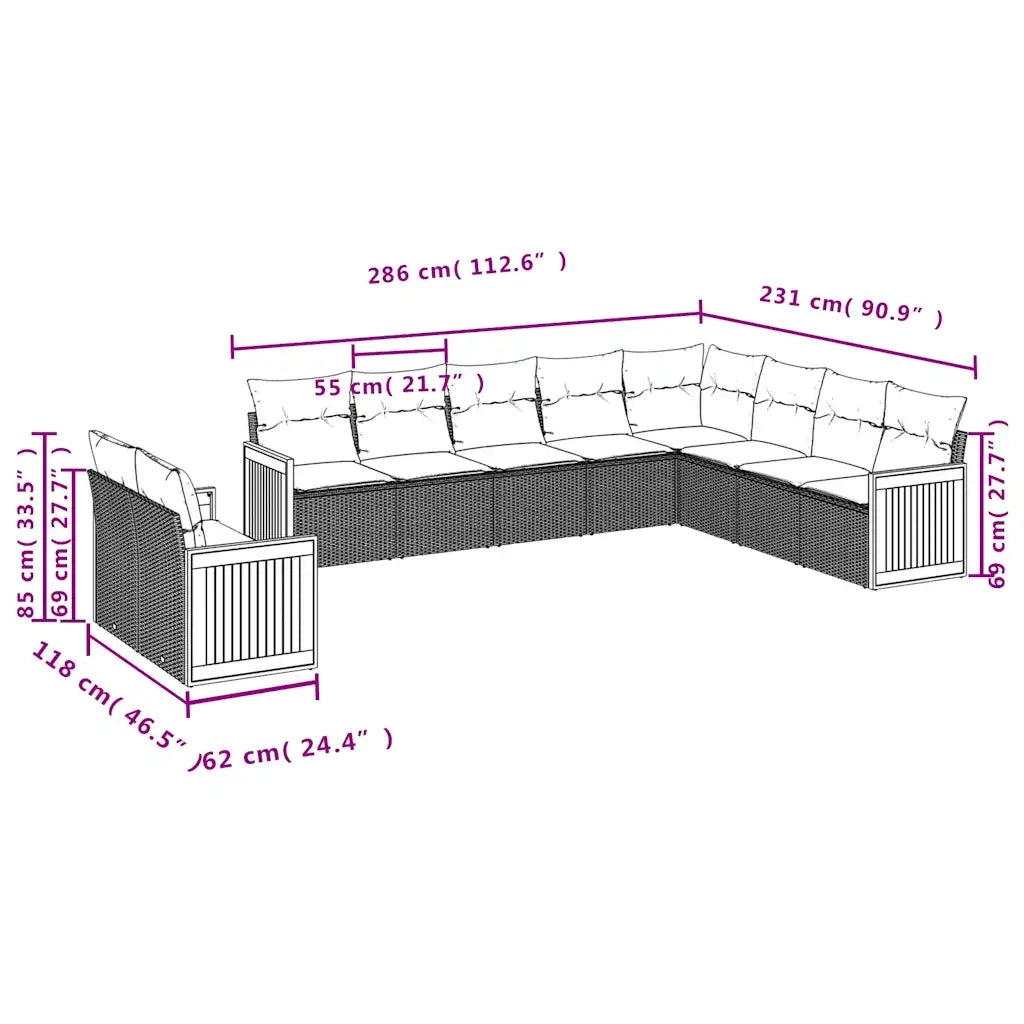 Set Divani da Giardino 10 pz con Cuscini Nero in Polyrattan 3227793