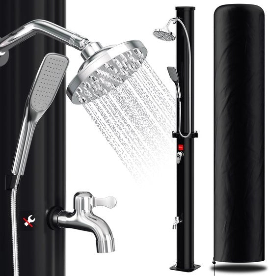 Doccia solare 35L nera con palo - Con fodero, chiusura dell'effluente e doccia manuale per giardino e piscina