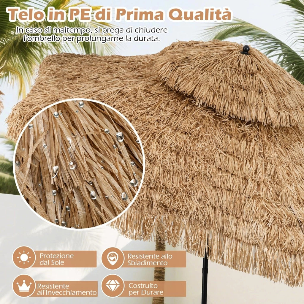 Ombrellone da Spiaggia 300 cm, Ombrellone Hawaiano in Paglia PE con 8 Stecche, Manovella Manuale, Inclinazione Regolabile, Ombrellone Portatile per Spiaggia, Patio
