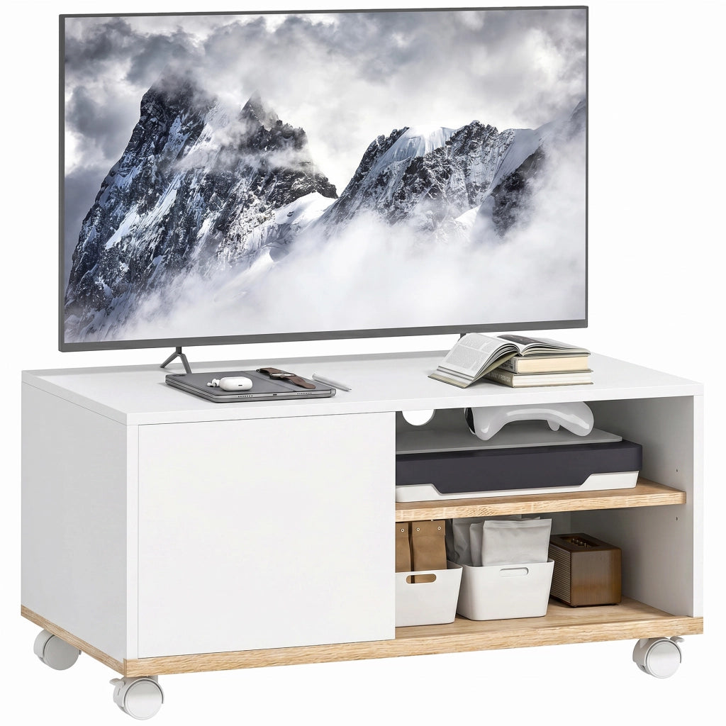 Mobile TV su ruote con ante e ripiano regolabile ¨C Xylo ¨C Bianco e rovere
