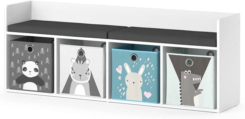 Scaffale per bambini Luigi, Bianco, 31.2 x 53.4 cm con 4 scatole pieghevoli opt.2, adatto per riporre giocattoli e libri
