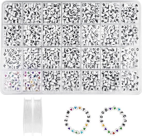 Set di perle per bracciali - 1400 pezzi 7 x 4 mm - Perle alfabetiche A-Z - Perle bianche e cuore colorato - Con fili elastici - Creazione di gioielli per bambini - Bracciali e collane