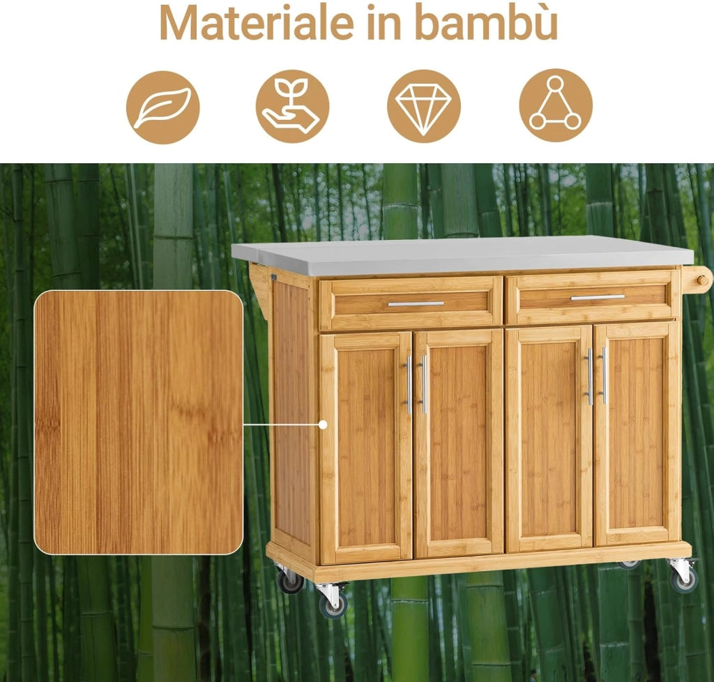 Carrello Cucina con Ruote Isola Cucina con Piano di Lavoro Estensibile, 2 Cassetti e Ripiani Regolabili Mobile Salvaspazio per Mobili da Cucina Naturale 115 x (46-71) x 92 cm FKW69-N