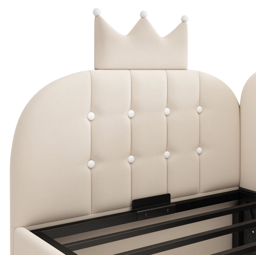 Letto singolo daybed 90x190 cm in velluto beige con contenitore e design a corona