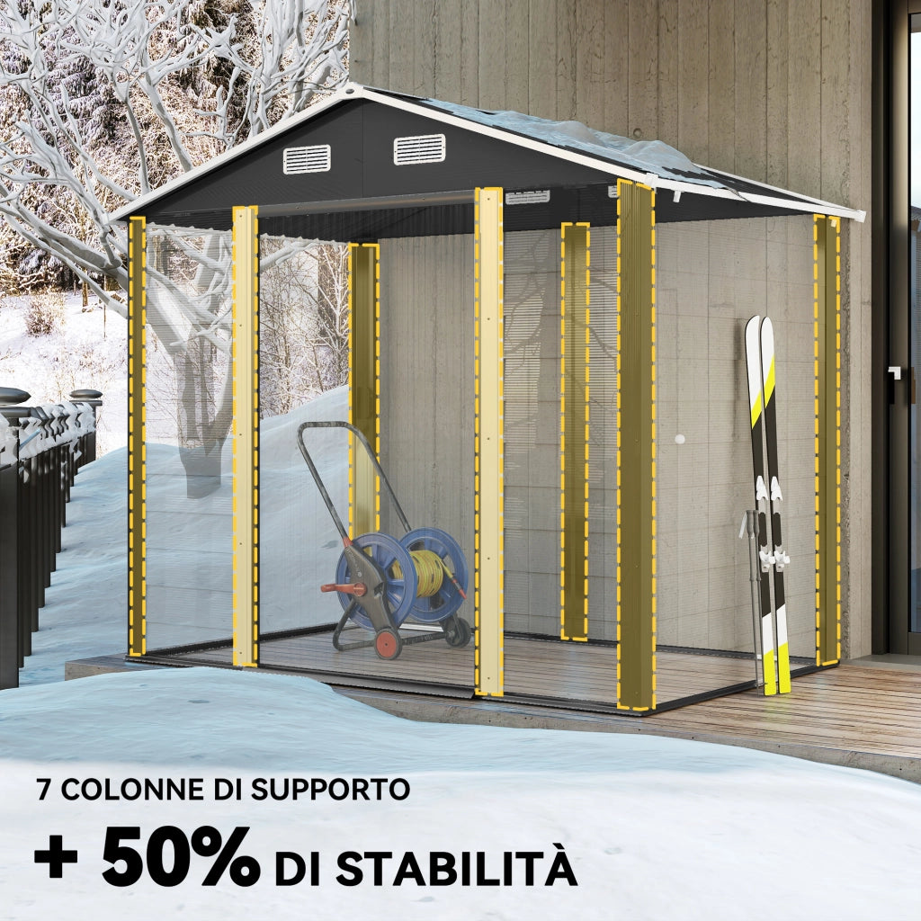 Casetta Porta Attrezzi 196x236x208 cm con Porte Scorrevoli e 4 Prese d'Aria in Acciaio e PP Grigio Scuro