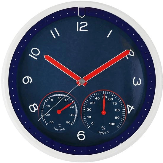 Orologio da parete in plastica, blu, motore a passi di quarzo, idrometro, termometro, visualizzazione temperatura e umidità, piastra orologio originale, ∅ 314 x 45 mm, E01.3084.30