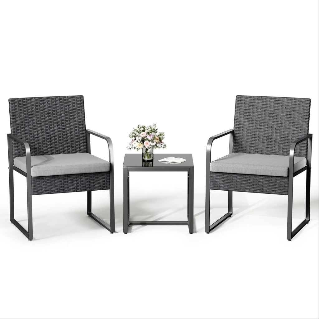 Set Giardino in Rattan per 2 Persone, Mobili da Esterno in Vimini con Cuscini, Tavolino e 2 Sedie per Terrazza, Balcone, Giardino o Piscina (grigio)