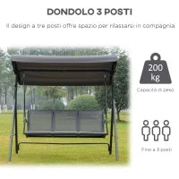 Dondolo da Giardino a 3 Posti con Baldacchino, Dondolo da Esterno in Acciaio e Tessuto Poliestere, 175 x 118 x 159cm Grigio