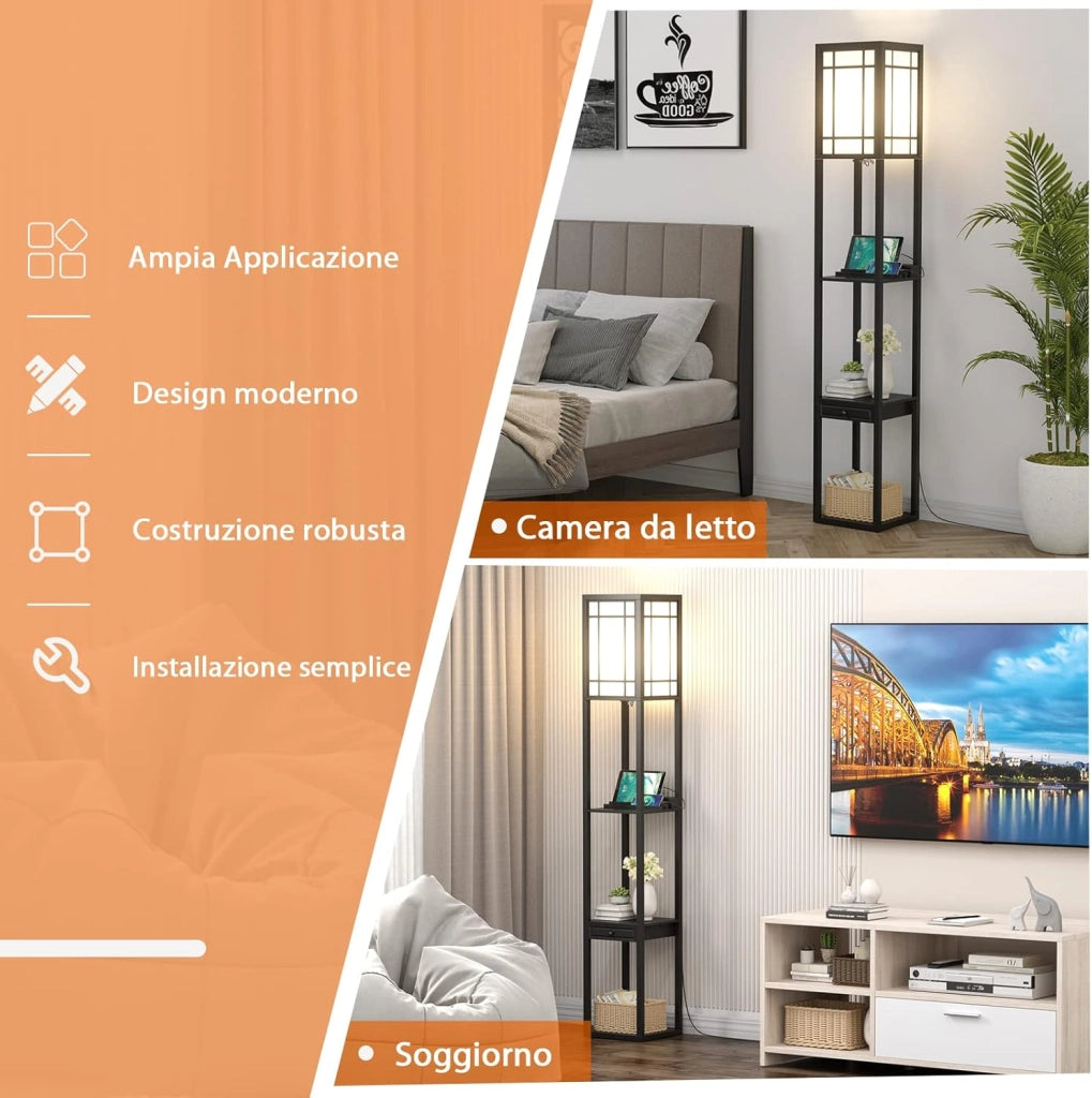 Lampada a Stelo con Ripiani e Cassetto, Lampada a Piantana Moderna con 2 Porte USB, Lampada da Terra per Salone e Camera da Letto, 26 x 26 x 160,5 cm (Modello 1)