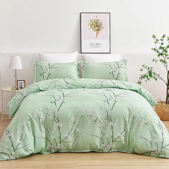 Coperta da letto a fiori, 200 x 200 cm, 3 pezzi, verde, salvia verde, prugna, ramoscello, set di coperte da letto, 100% microfibra, coperta da letto morbida, bambine, coperta da letto con chiusura a cerniera e 2 copri cuscino.
