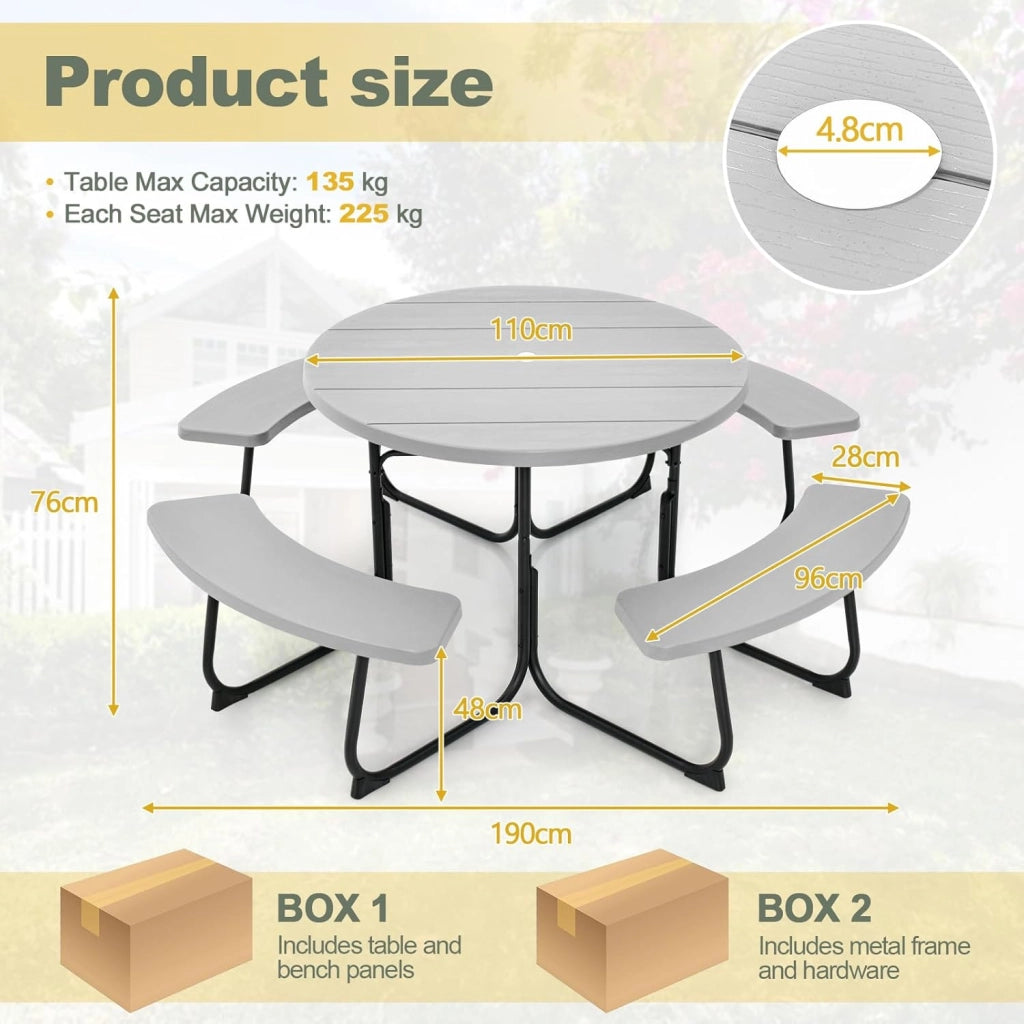 Set da Giardino per 8 Persone, Tavolo Rotondo da Picnic con 4 Panche, Tavolo da Birra in HDPE con Foro per Ombrellone, Set da Esterno Resistente