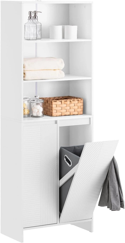 Mobiletto Bagno Salvaspazio con Cesto Portabiancheria – Mobile Bagno Bianco 30x30x87 cm con Anta a Ribalta, Armadietto Bagno Moderno per Bagni Piccoli, WC o Lavanderie BZR154-W