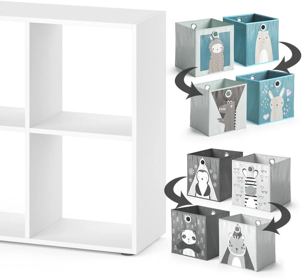 Libreria bambini, Bianco, 72 x 107.8 cm con 6 scatole pieghevoli, adatto per riporre giocattoli e libri