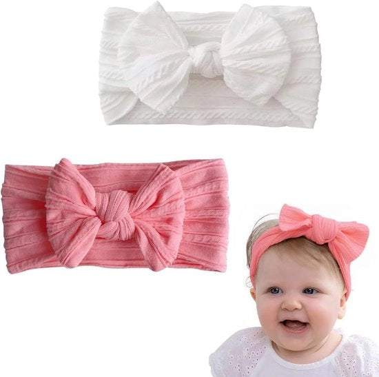 Babycinture con fascia - 2 pezzi - Rosa e bianco - Accessorio morbido e elastico per capelli di neonati e bambini in età prescolare