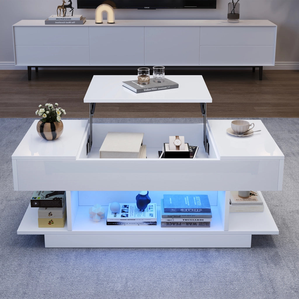 Tavolino da salotto 98x45x40 cm; elevabile con LED e vani contenitori; truciolato bianco