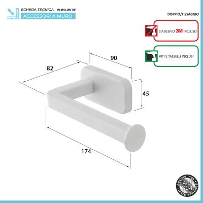 Porta rotolo wc a muro in acciaio inox bianco con doppio fissaggio