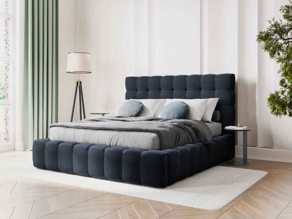 Cosmopolitan Design - Letto a cassettone con testiera "Bali" 140x200cm in velluto blu scuro 