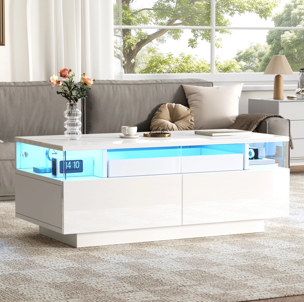 Tavolino da salotto 90x45x35;5 cm bianco lucido con vassoio; 2 cassetti e LED