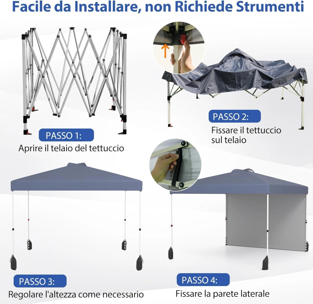 Gazebo Pieghevole 3 x 3 m, Gazebo da Esterno con Borsa con Ruote, Picchetti, Ancoraggi, Corde del Vento, Sacchi di Sabbia e Copertura Ventilata, Tendone Impermeabile per Feste (Grigio)