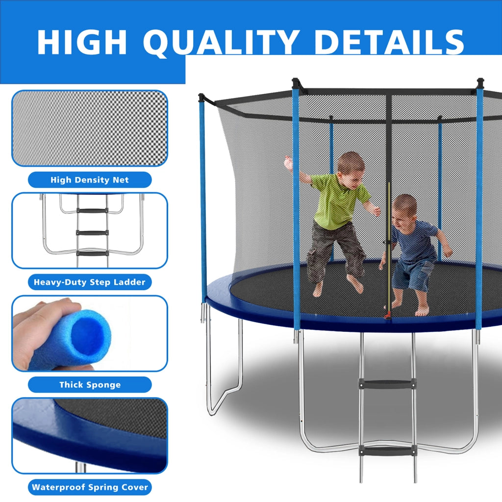 Trampolino elastico da esterno blu con rete di sicurezza e scala, struttura in acciaio, portata 181 kg